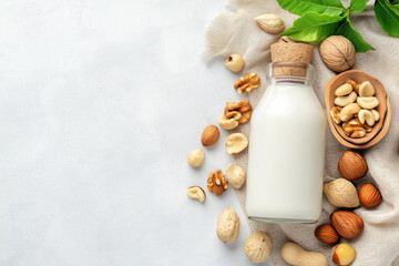 Glass bottle of nut milk sits on a light surface  surrounded by assorted nuts including almonds, cashews, and walnuts with copy space