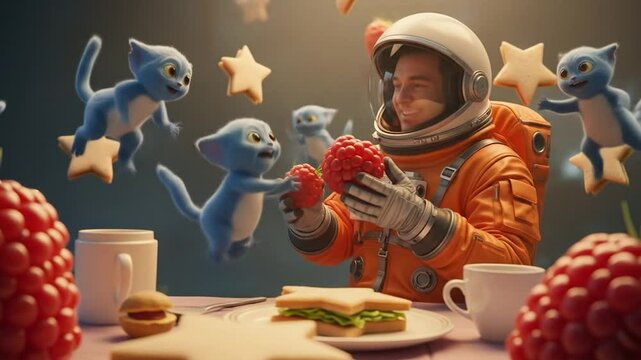 Astronaut Sharing Raspberries with Flying Cat Creatures at a Table