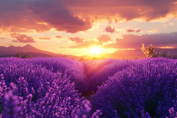 Fototapeta premium Sunset over lavender field.