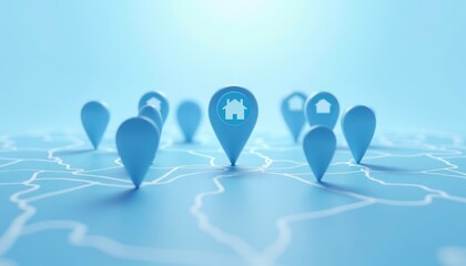 Blue map pins with house icons indicating locations on a light blue background