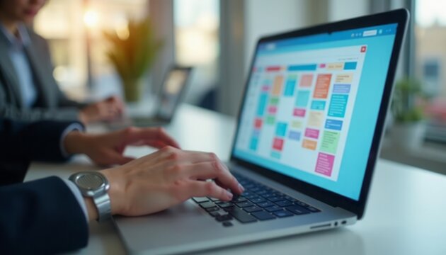 Business professional working on a laptop computer with a colorful calendar displayed