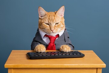 Orange tabby cat dressed in business attire at the office