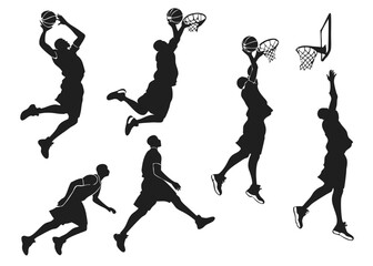 Silhouette of Basketball Players in Action Shooting Jumping and Dribbling the Ball