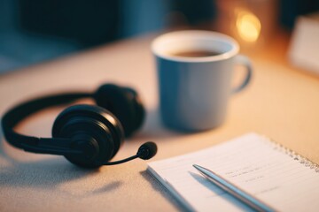 flat-lay of headset call scripts notepad and coffee mug on desk pad in operator station