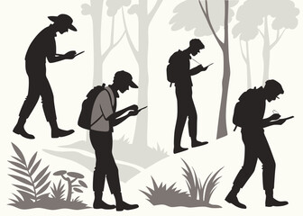Silhouetted Individuals Navigating Forest with Technology and Backpacks Exploring Nature with Digital Tools