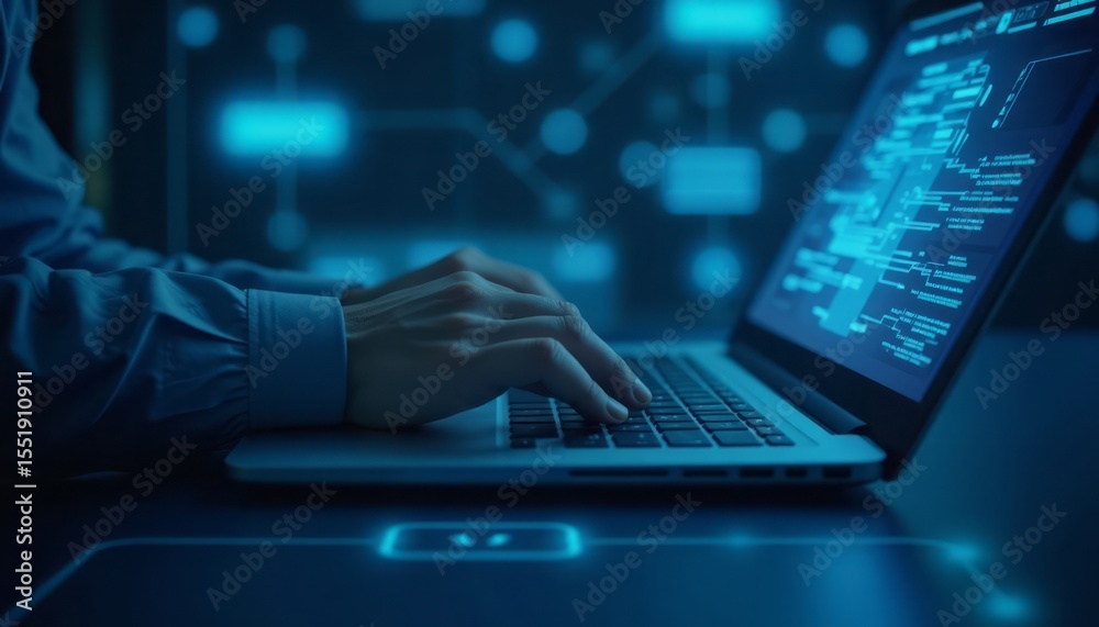 Fototapete close up of person typing on a laptop computer with a blue glowing interface