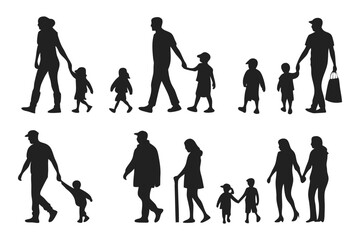 Family Silhouette: Capturing the simple beauty of everyday life, silhouettes of diverse families walking together, embodying unity, support, and the bonds of togetherness. 