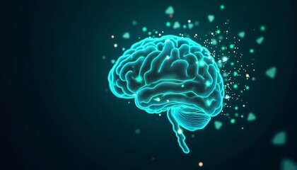 Digital illustration of a glowing human brain with neural network activity on dark background