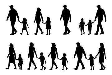 Silhouette Family: A collection of silhouetted images depicts various families walking together, symbolizing unity, togetherness, and the bond of family life.