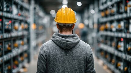 Electrical Engineer a man standing amidst rows of electronic devices,