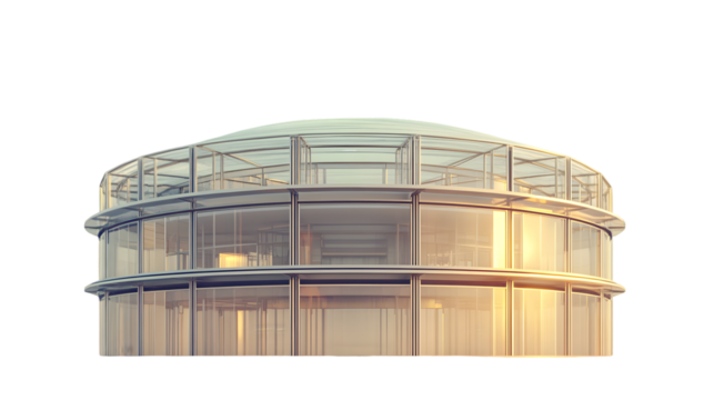 Close up view of a modern glass building with a rounded structure on transparent background png