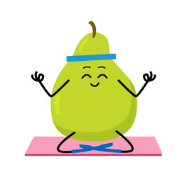 Cute strong pear character meditate in yoga pose. Cartoon pearn gym, health, fitness yoga meditate concept.