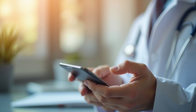 Doctor wearing a white coat using a smartphone in a bright office setting