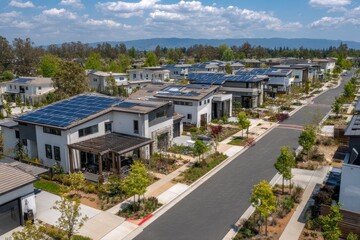 Obraz premium Sustainable community featuring solar-equipped eco homes, walkable green neighborhoods, and lush parks designed for low-carbon living and environmental harmony in modern urban planning. MZ 