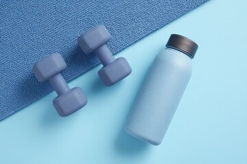 flat-lay of men fitness essentials dumbbells rowing handle protein shake on gym mat