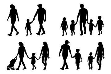 Family silhouettes walking together: a collection of silhouetted images featuring parents and children strolling hand-in-hand. Depicting family bonds, togetherness, and outdoor activities.