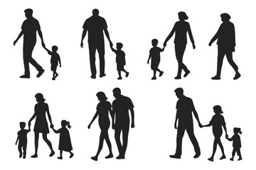 Family Walk Silhouette: A series of silhouettes depicts families and parent-child pairs, holding hands and walking together, conveying themes of togetherness and love.