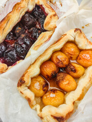 Delicious homemade apricot and plum tarts baking on parchment paper