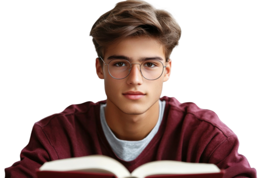 Young male student with glasses reading a book indoors, showcasing concentration and engagement in learning during study time at home
