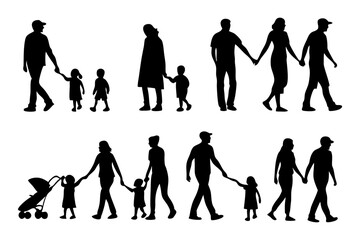 Fototapeta premium Family silhouettes: A diverse collection of silhouettes depicting parents and children engaged in moments of family bonding, evoking themes of love, care, and togetherness.