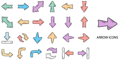 Arrows simple concept 24 hand drawn color icons set .Vector illustration.	