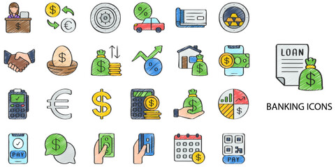 Banking simple concept 24 hand drawn color icons set. Vector illustration.	