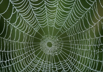 Obraz premium Morning Dew on Delicate Spiderweb. Close up of an intricate cobweb adorned with sparkling water droplets against a verdant backdrop. Evokes fresh new beginnings and nature's artistry.