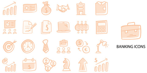 Banking simple concept 24 hand drawn color icons set. Vector illustration.	