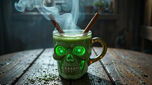 Hot green magical drink in glass skull mug with cinnamon sticks and swirling steam, fantasy potion concept