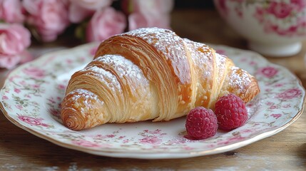 Buttery croissant with powdered sugar and raspberries on a floral plate.