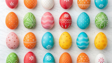 Colorful hand painted easter eggs arranged in a grid pattern on a white background