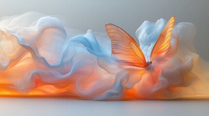 Fototapeta premium Orange butterfly in ethereal, flowing light blue and orange smoke or fabric.