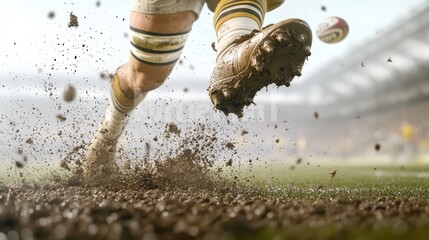 A rugby player kicks a muddy ball on a wet field, with dirt flying and stadium in the background.
