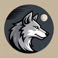Vector artwork of a wolf in profile, howling or looking to the side, with a full moon and night sky in the background. Stylized in monochrome tones with a circular frame.