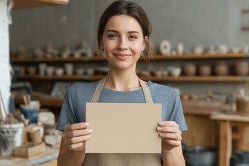 A proud female artisan stands in her sunlit workshop, holding a blank cardboard sign with a warm smile. She looks directly at the camera, creating a personal connection.