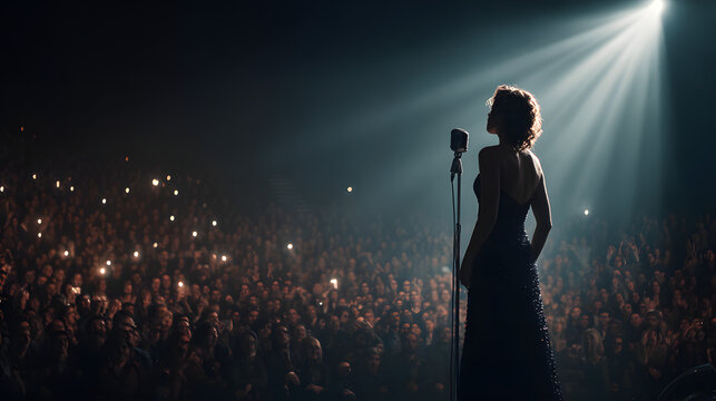 Performer on stage in spotlight with cheering crowd at concert