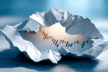 Torn paper revealing candlestick chart underneath, symbolizing hidden financial data, market transparency, analysis and discovery of economic trends
