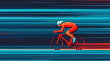 Fototapeta premium A cyclist in a streamlined position rides quickly against a vibrant, abstract blue and red background, emphasizing speed and motion.