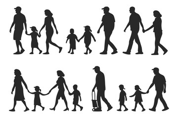 Fototapeta premium Family Silhouette Collection: A heartwarming depiction of family life, featuring a collection of diverse family silhouettes. Families walking hand in hand, expressing love and togetherness.