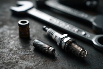 flat-lay of spark plugs fuel injector fuel filter and wrench arranged on metal worktable