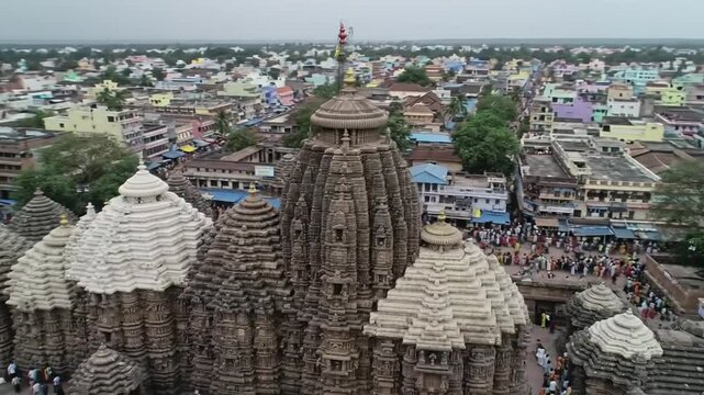 Jagannath Puris intricately carved temple, an aerial view showcasing sacred artistry, ideal for travel brochures, cultural websites, and religious publications.