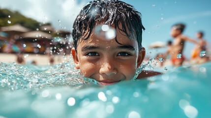 A boy smiles while swimming in a pool, with water droplets in the air and a sunny, lively beach in the background.