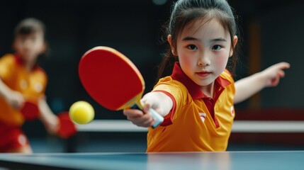 A focused young girl in a yellow uniform plays table tennis, ready to hit the ball with her paddle in an indoor sports setting.