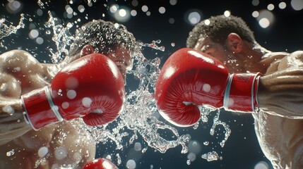 Two boxers exchange powerful punches in a dramatic, high-impact moment with sweat and water flying in the air.