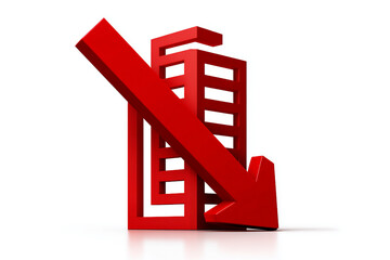 Red arrow pointing downward crossing through a simplified building structure, symbolizing economic downturn, real estate crisis, market collapse or property value decline