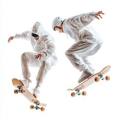 Two skateboarders in white outfits performing tricks mid-air against a white background.