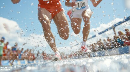 Runners splashing through water during a track race, captured from a low angle with droplets in focus and a cheering crowd in the background.