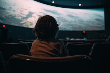 Child watches immersive space documentary in a dark planetarium with large curved screen showing views of Earth from space