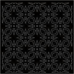 Black background with figures from dots . Black and white pattern for web page, textures, card, poster, fabric, textile. Repeating design.