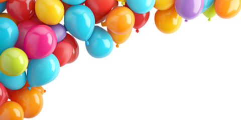 Floating birthday balloon decoration with colorful, birthday balloon frame isolated on a transparent background